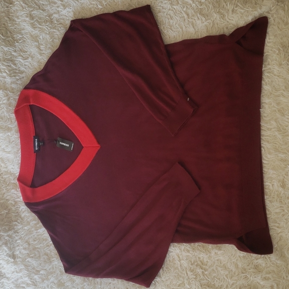 Express V Neck Pullover Sweater L Burgandy with Red Collar - Picture 1 of 7